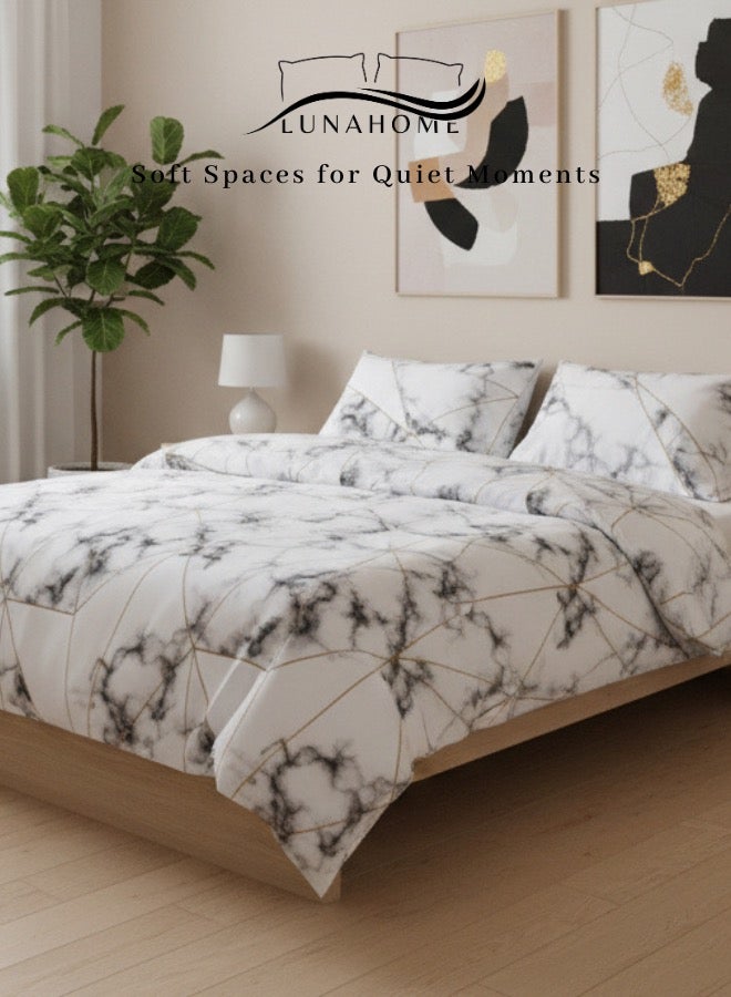 LUNA Home حجم مفرد 4 قطع: 1 غطاء لحاف 160x210 سم 1 ملاءة مشدودة - 100*200+30 سم، 2 أغطية وسائد - 50*75 سم. (مجموعة غطاء لحاف) تصميم رخام أبيض وأسود - Image 1